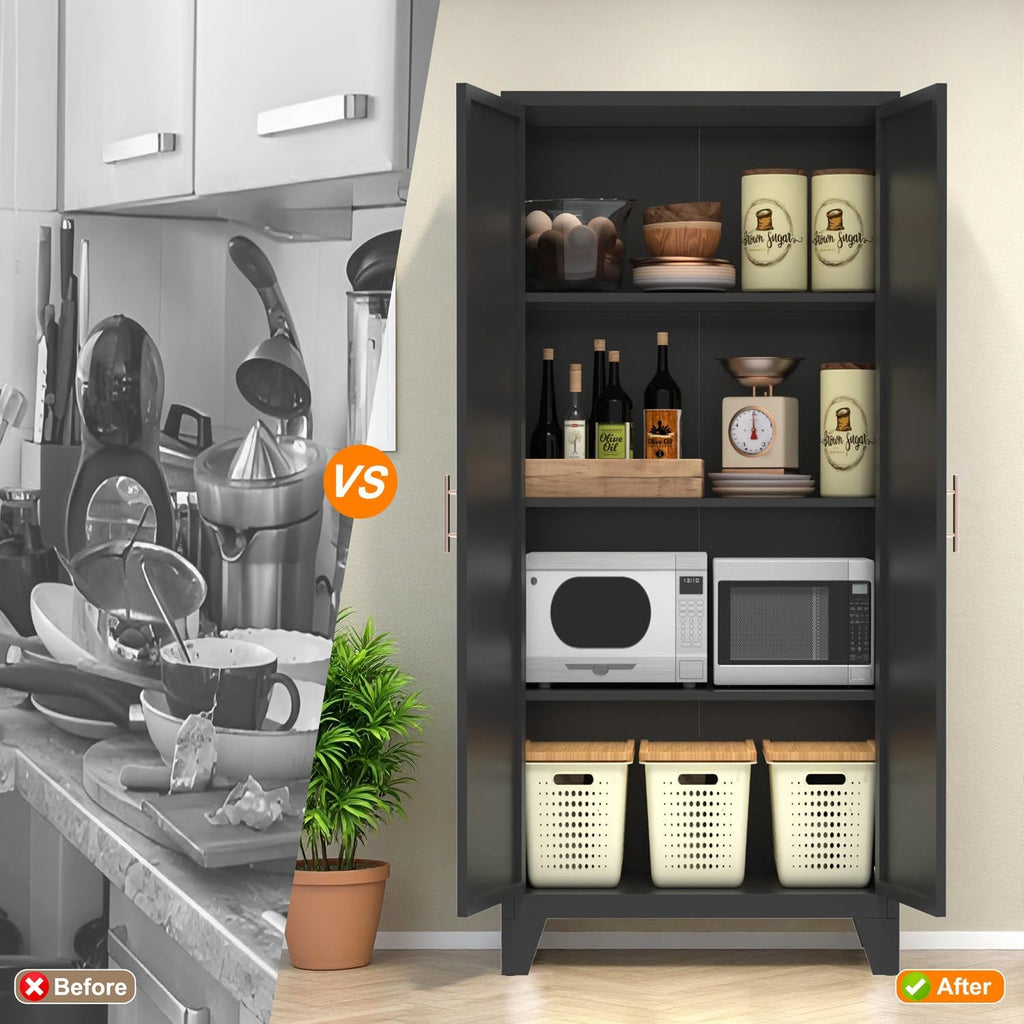 61" Tall Kitchen Pantry Cabinet, Black Metal Garage Storage Cabinet with Doors and Adjustable Shelves, Kitchen Cupboard, Pantry Cabinets for Kitchen, Dining Room, Office, Easy Assembly