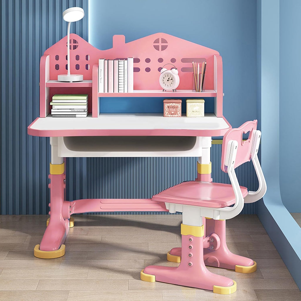 Kids Study Desk and Chair Set,Height Adjustable & Cartoon Design with Bookshelf & Book Basket, Eco-Friendly Materials Study Desk and Chair Set, Suitable for Writing & Reading