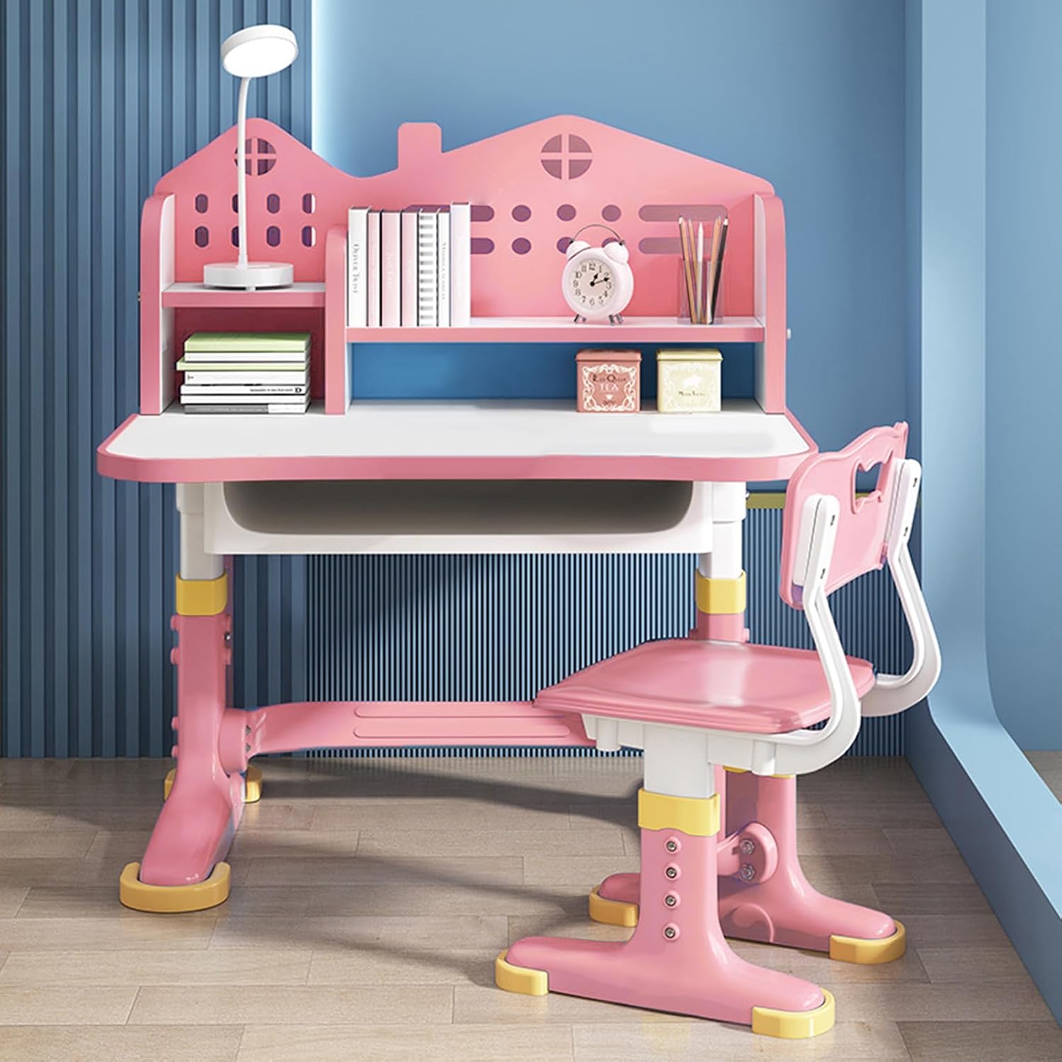 Kids Study Desk and Chair Set,Height Adjustable & Cartoon Design with Bookshelf & Book Basket, Eco-Friendly Materials Study Desk and Chair Set, Suitable for Writing & Reading