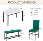 Dining Table Set for 4, 47.2" Faux Marble Kitchen Table Set with Upholstered Velvet Chairs and Bench, 4-Person Rectangular Space Saving Dinette Set for Apartment, Restaurant, Home (Green)