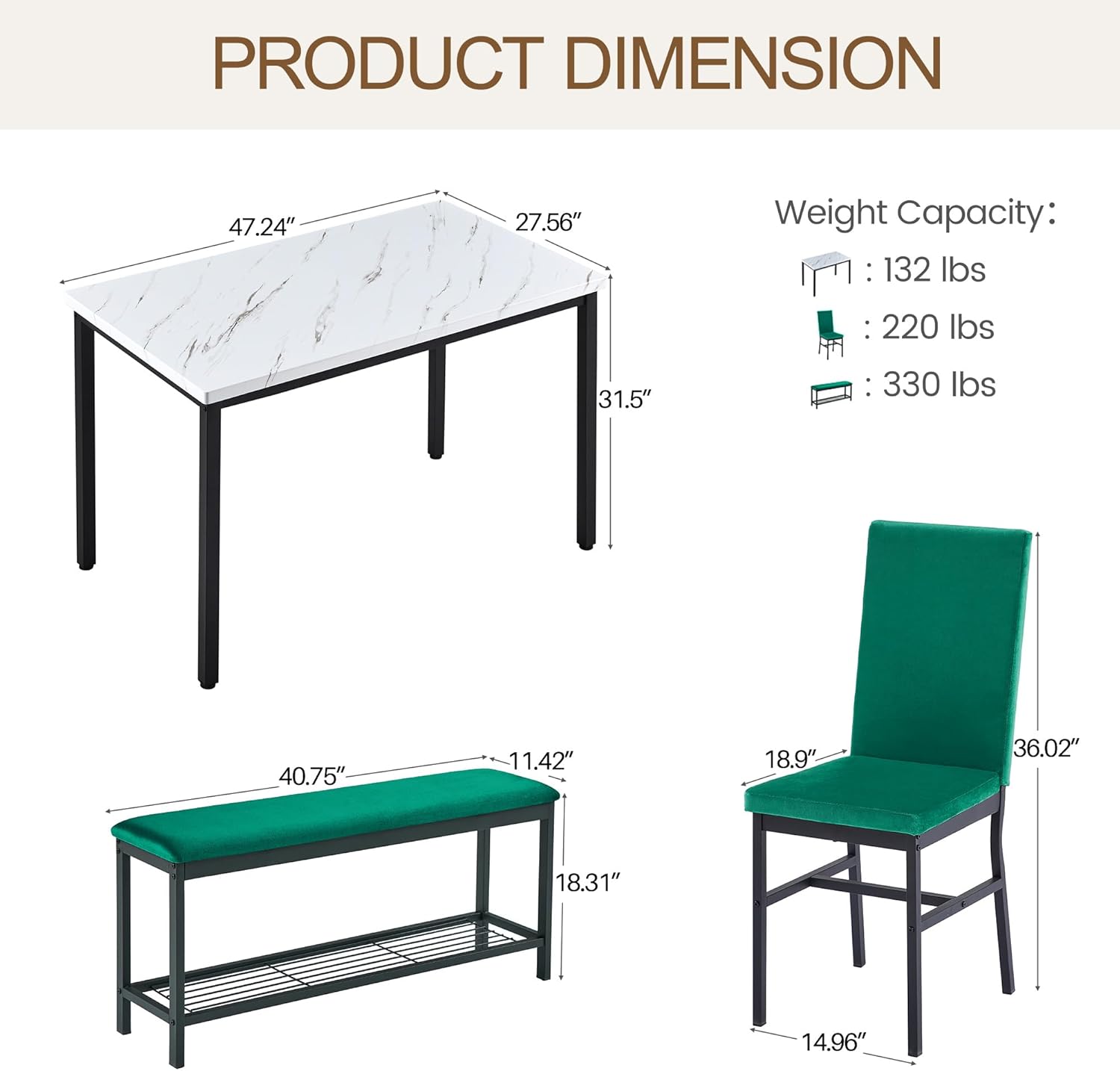 Dining Table Set for 4, 47.2" Faux Marble Kitchen Table Set with Upholstered Velvet Chairs and Bench, 4-Person Rectangular Space Saving Dinette Set for Apartment, Restaurant, Home (Green)