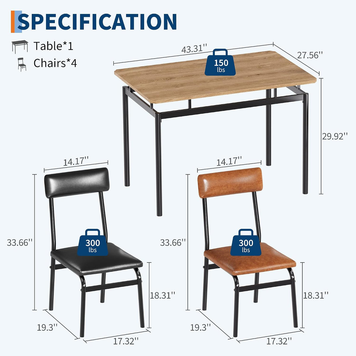 Takywep Dining Table Set for 4 – Wooden Kitchen Table with 4 PU Upholstered Chairs, Industrial Metal Frame Kitchen & Dining Set for Home, Apartment, Studio, Brown & Black