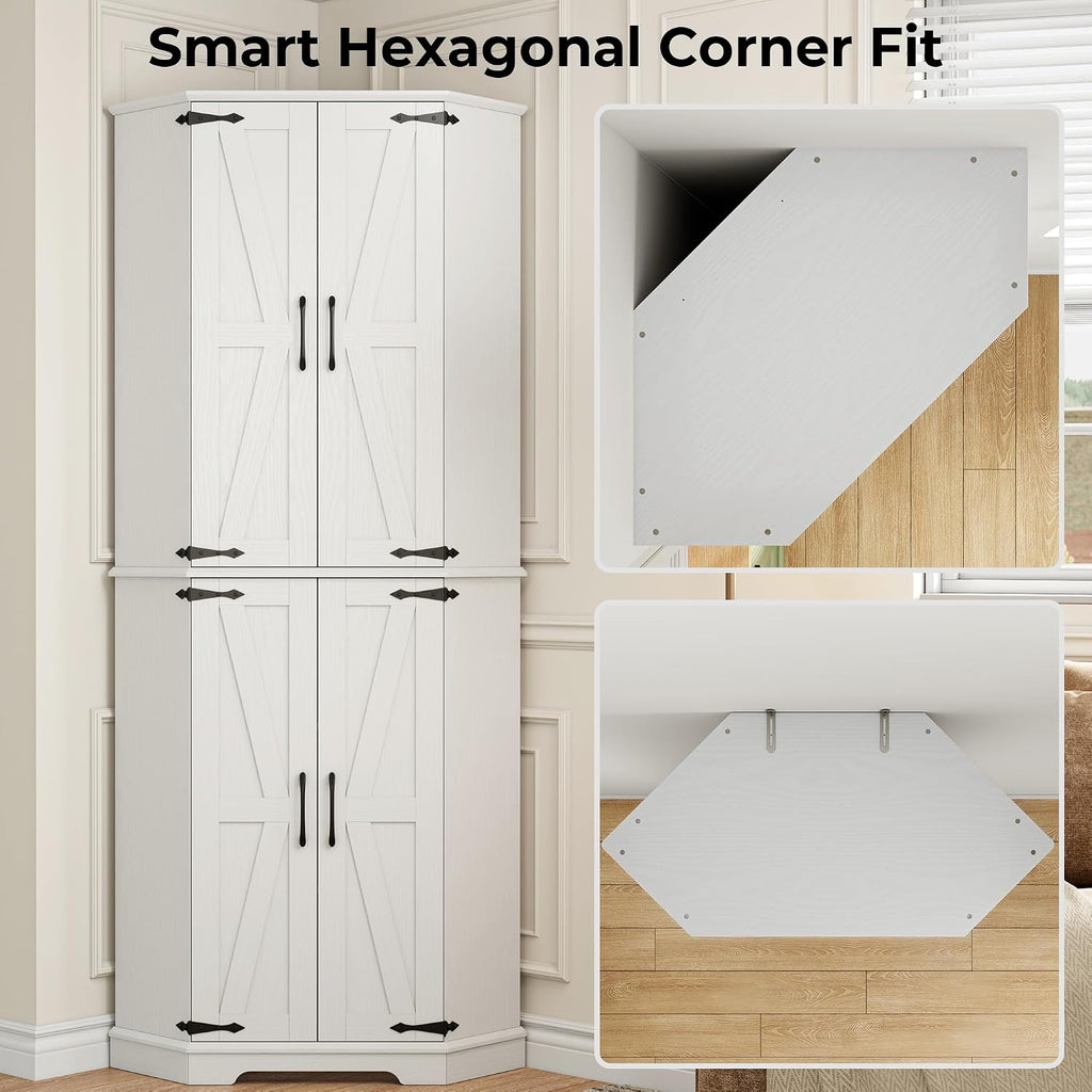 IRONCK Corner Cabinet, 72" Farmhouse Pantry Cabinet, White | 6 Tiers Shelves with 2 adjustable shelves, 240° swivel doors and spacious storage for kitchens, dining rooms, living rooms