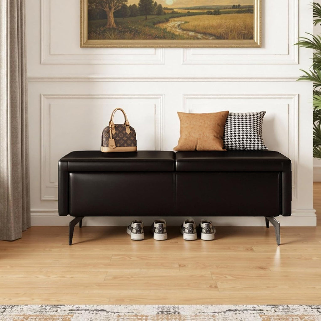 47 Inches Ottoman with Storage, Rectangle Faux Leather Ottoman Bench/Footrest/Shoes Bench, Upholstered Coffee Table for Living Room, Bedroom, Entryway, Black