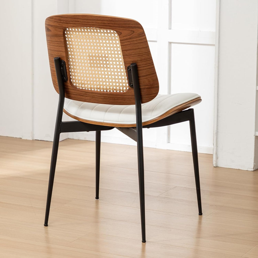 Rattan Dining Room Chairs Set of 2, Mid Century Modern Kitchen Ktichen Chairs,Faux Leather Walnut Wood Finish Side Chair, Metal Legs Desk Chair with Rattan Backrest,White