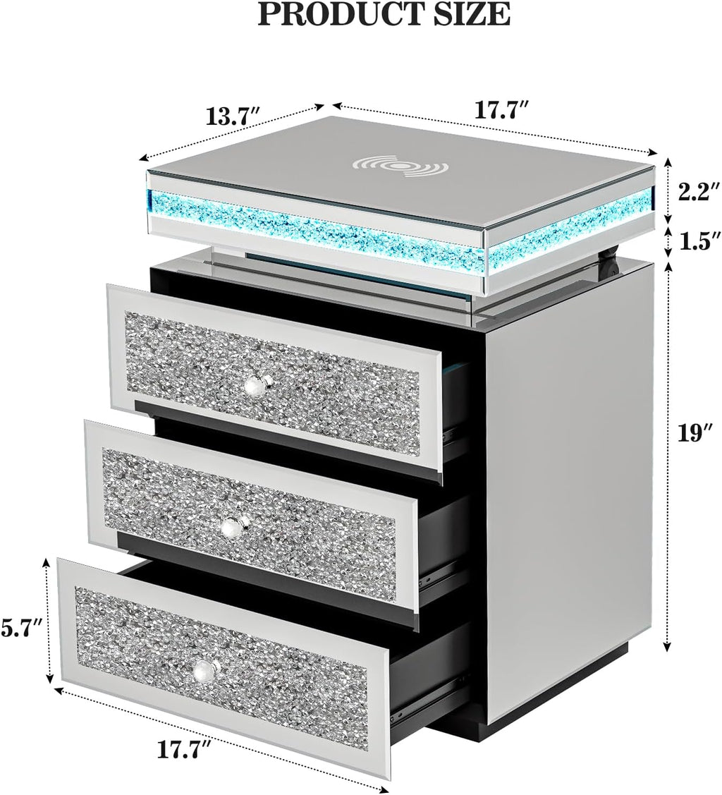 IKIFLY Mirrored Nightstand with Wireless Charging Station, Modern LED Side Table with 3 Drawers, Silver Accent End Table with Crushed Diamonds for Living Room, Bedroom and Office