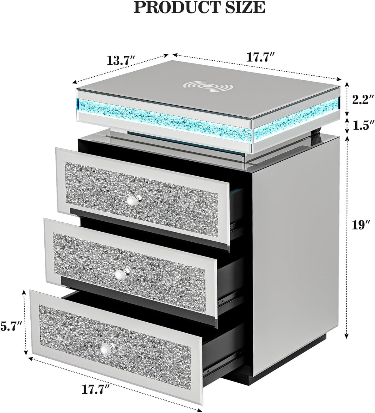 IKIFLY Mirrored Nightstand with Wireless Charging Station, Modern LED Side Table with 3 Drawers, Silver Accent End Table with Crushed Diamonds for Living Room, Bedroom and Office