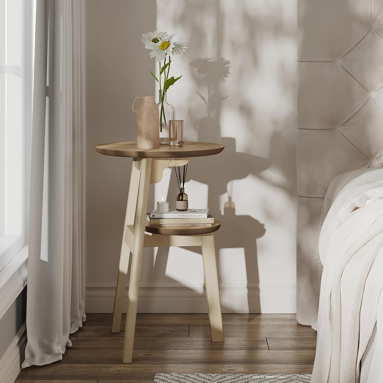 ChooChoo Round End Table for Small Spaces, Narrow Side Table, Accent Table Night Stand with 2 Tier Shelf for Bedroom and Living Room, Natural