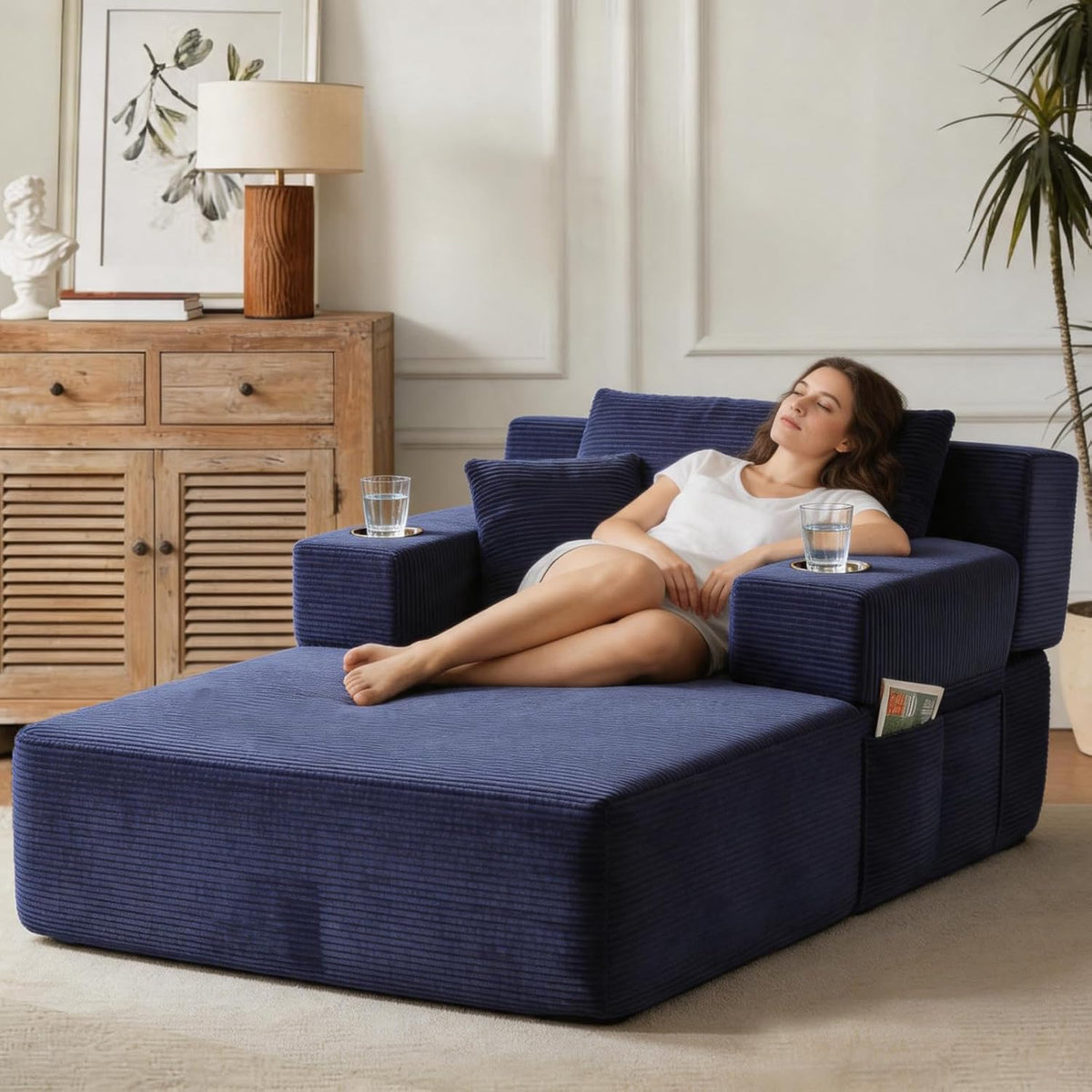 70"Chaise Lounge Chair, Oversized Chair & 2 Cup Holder 4 Pockets | Oversized Corduroy Lounge Chair Indoor Convertible, 3 Pillows, Deep Seat Sleeper Sofa Bed, Living Room, Reading, No Assembly