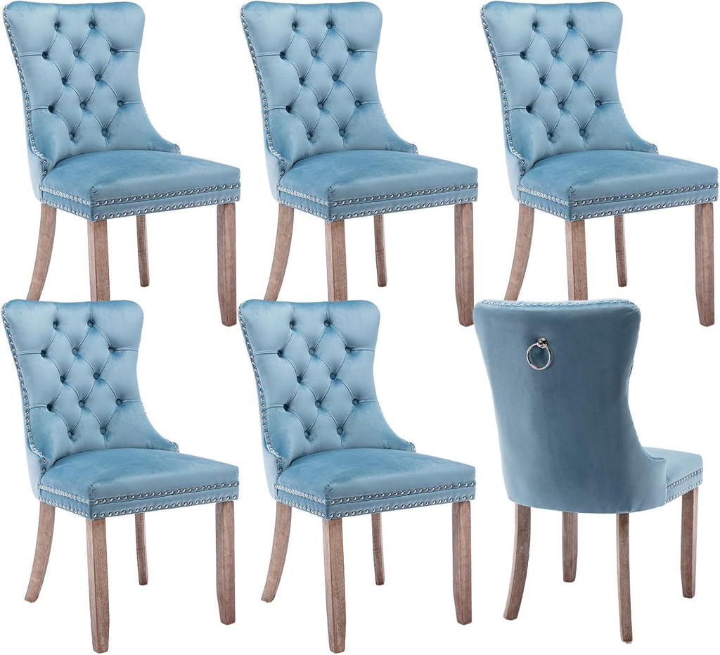 Velvet Upholstered Dining Chairs Set of 6, Modern Mid-Century Kitchen Chairs with High Back, Nailhead Trim and Solid Wood Legs,Metal Pulling Ring for Dining Room Living Room