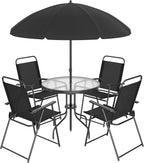 Shintenchi 6 Piece Patio Dining Set with Umbrella, Outdoor Furniture Set with 4 Folding Chairs and Tempered Glass Top Dining Table fot Lawn Backyard Garden Porch Black