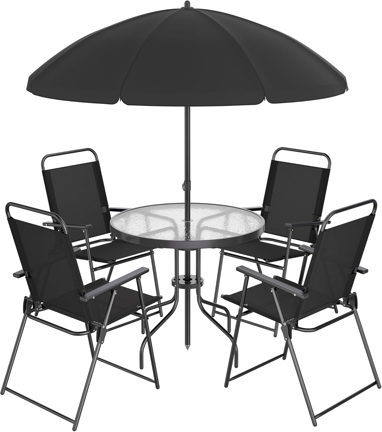 Shintenchi 6 Piece Patio Dining Set with Umbrella, Outdoor Furniture Set with 4 Folding Chairs and Tempered Glass Top Dining Table fot Lawn Backyard Garden Porch Black