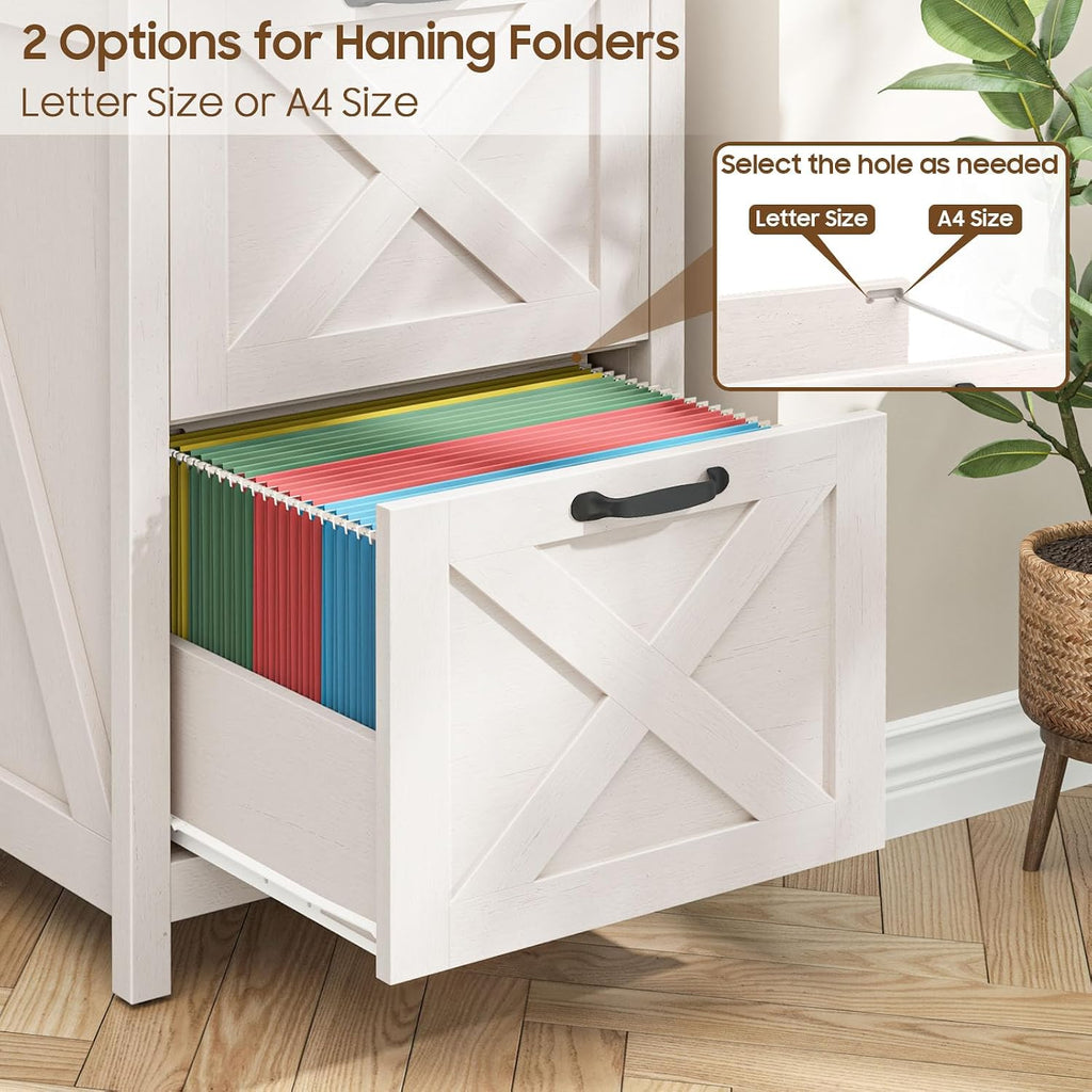 Halitaa Farmhouse File Cabinet with 2 Drawers for Home Office, Rustic White | Vertical Filing Cabinet Fits Letter and A4 Size, Farmhouse Printer Stand, Under Desk Wooden File Cabinet