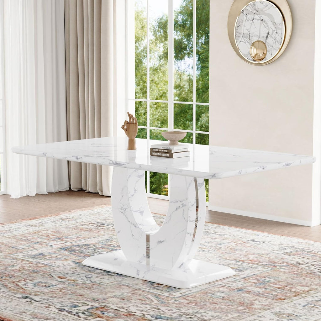 JUFU 63" Faux Marble Dining Table for 4-6 People, Modern Rectangular Kitchen & Dining Room Table, White Marble-Look MDF Tabletop with U-Shaped Pedestal Base, Easy Assembly Dining Table