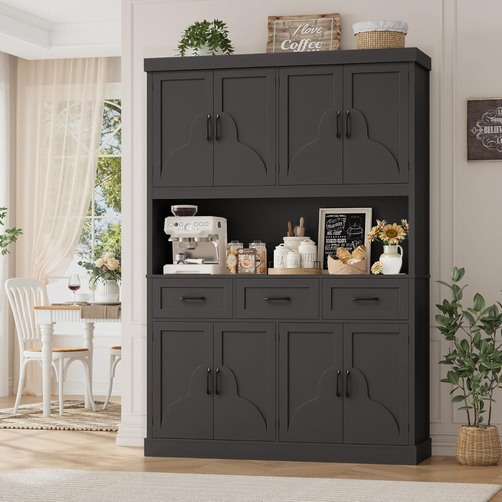 HITHOS 76" Tall Kitchen Pantry Storage Cabinet, 55“ Wide Kitchen Hutch Cabinet with Storage Drawers, Large Food Pantry with Microwave Stand, Modern Cupboard with Hutch for Dining Living Room, Black