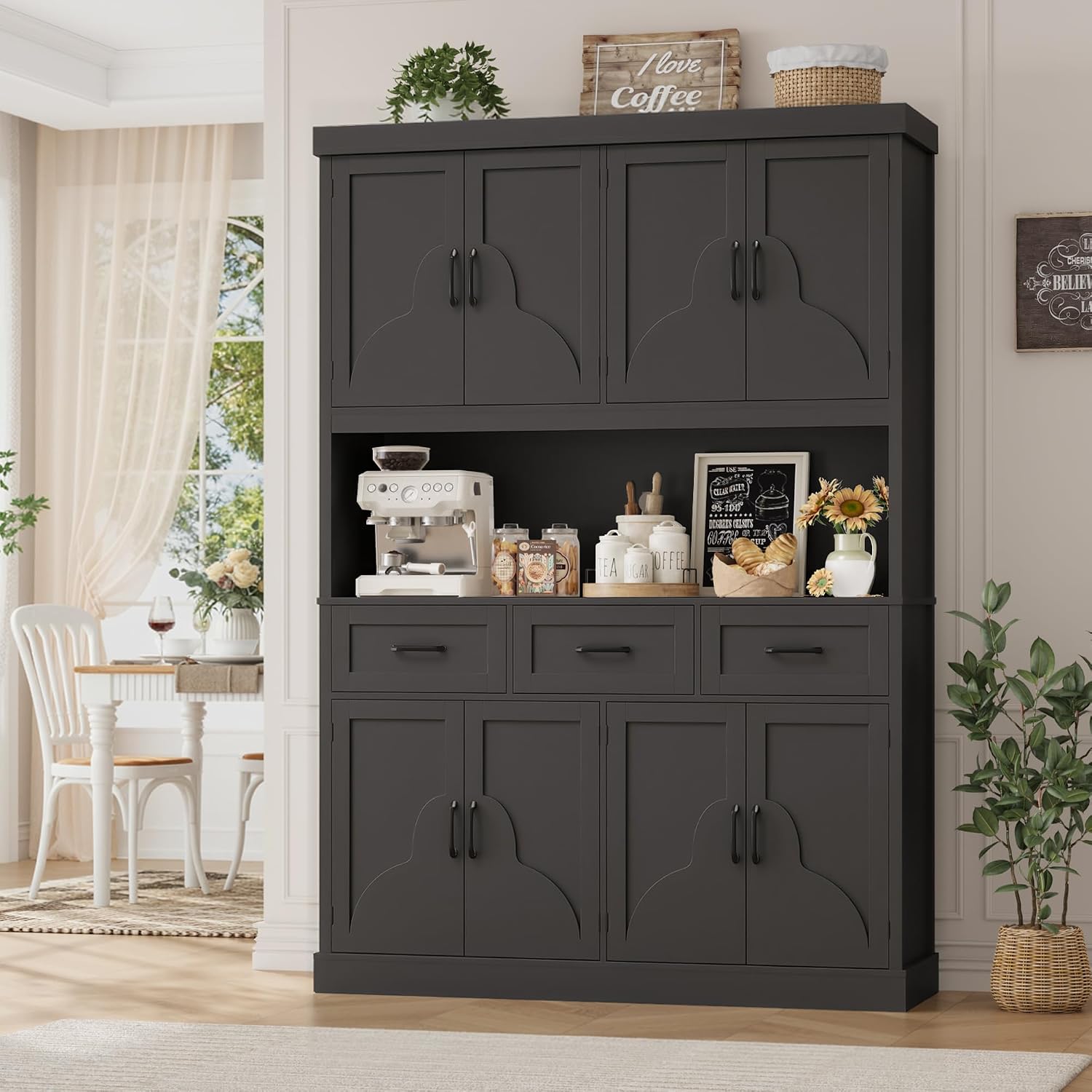 HITHOS 76" Tall Kitchen Pantry Storage Cabinet, 55“ Wide Kitchen Hutch Cabinet with Storage Drawers, Large Food Pantry with Microwave Stand, Modern Cupboard with Hutch for Dining Living Room, Black