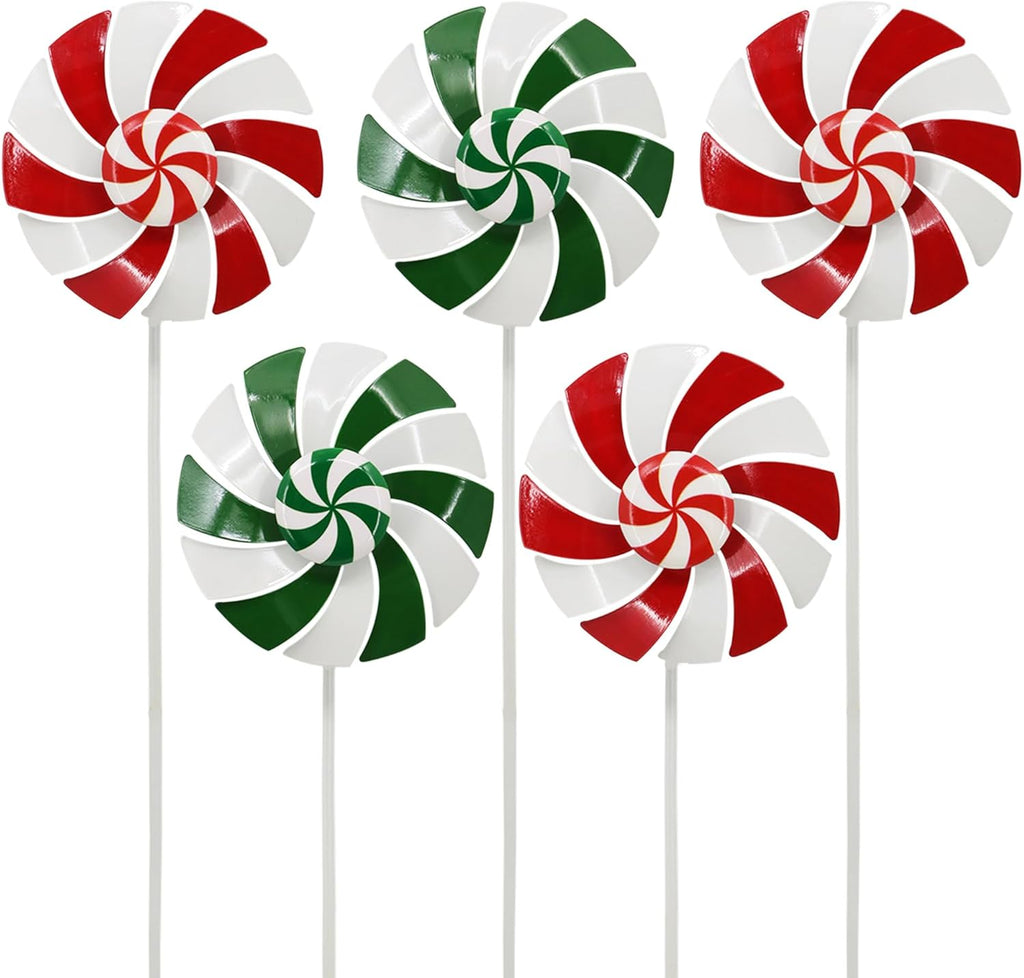 5pcs Wind Spinners Metal Colorful Flowers Garden Stake, Christmas Lollipop Pinwheels, 27" Metal Windmill Yard Art Outside Decorations, Lawn Ornaments Outdoor Garden Décor