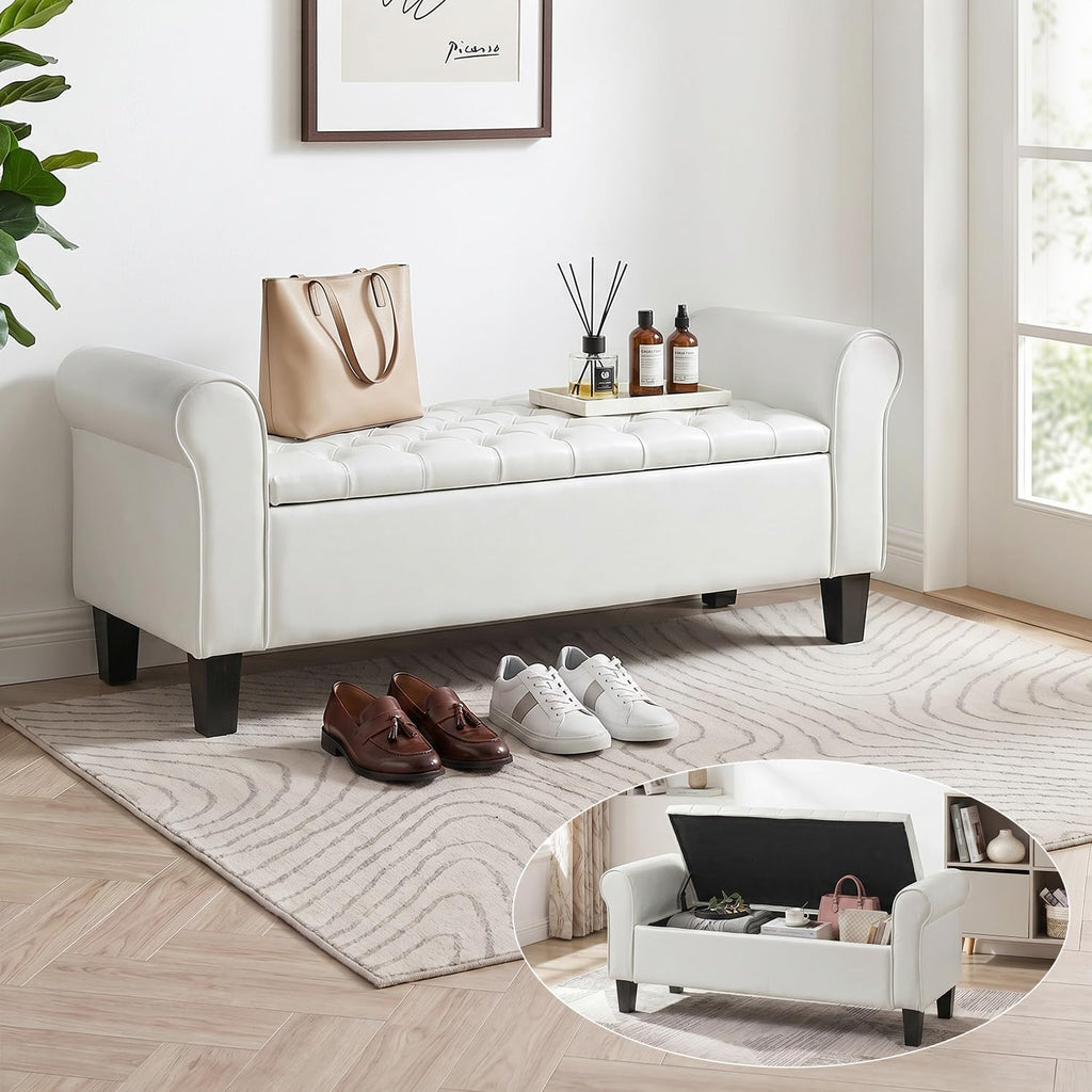 ECOTOUGE 55" Storage Ottoman Bench for Living Room, End of Bed Bench with Rolled Arm Leather Ottoman with Storage Upholstered Entryway Bench Retro Style Footboard Bench for Bedroom, Cream White