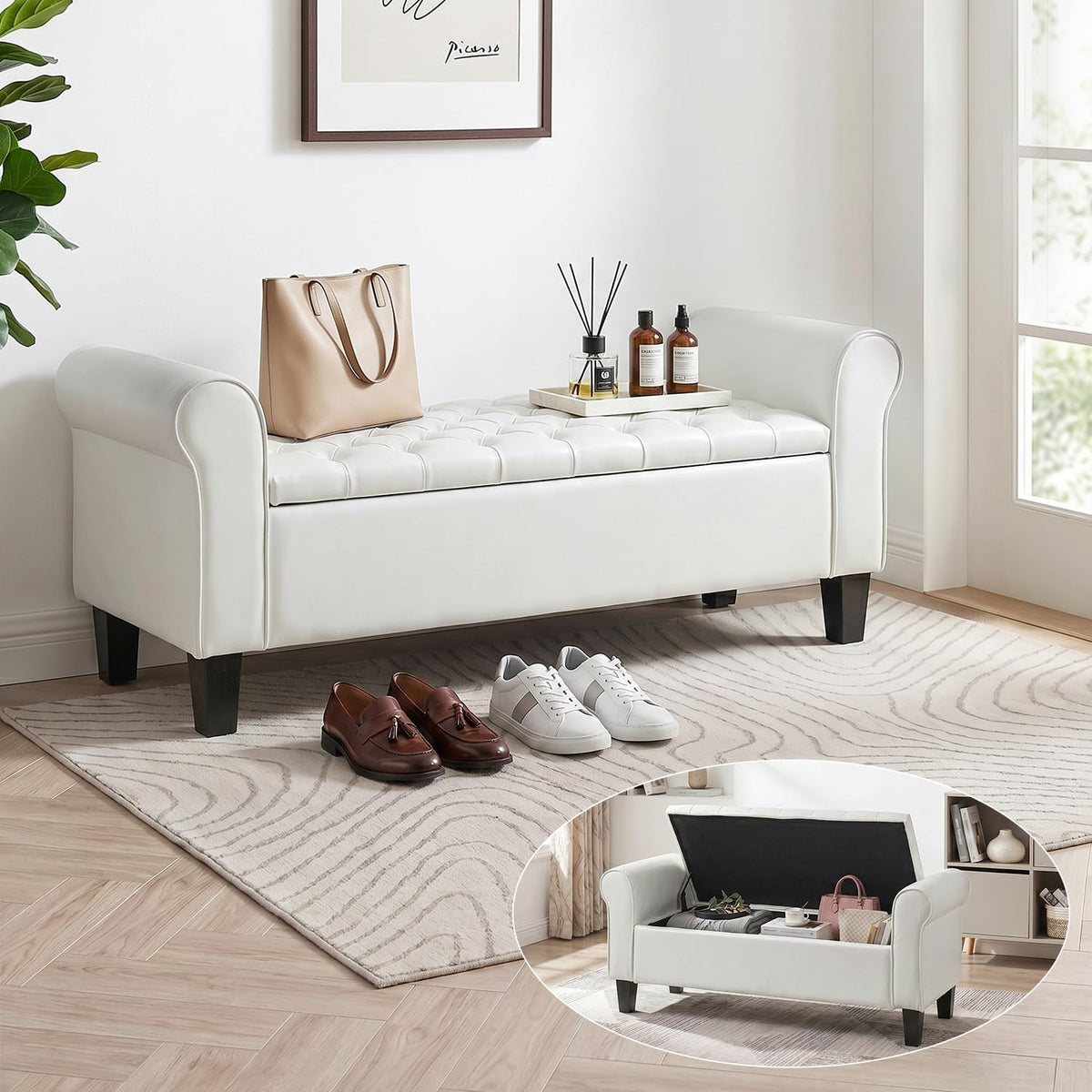 ECOTOUGE 55" Storage Ottoman Bench for Living Room, End of Bed Bench with Rolled Arm Leather Ottoman with Storage Upholstered Entryway Bench Retro Style Footboard Bench for Bedroom, Cream White