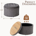 ONBRILL 24" Round Ottoman Coffee Table, Storage Ottoman with Lift-Off Lid | Large Size, Sturdy Steel Frame, 15.4" Height Foot Stool（Better for Low-Profile Sofa), Extra Seat, Entryway Shoe Bench