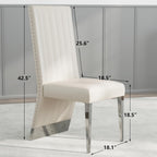 AUZ Modern White Leather Dining Chairs with Silver Mirrored Legs, Set of 2 | White Upholstered Leather Kitchen Room Chairs, High Back with Nailhead Trim, Polished Chrome Stainless Steel Legs