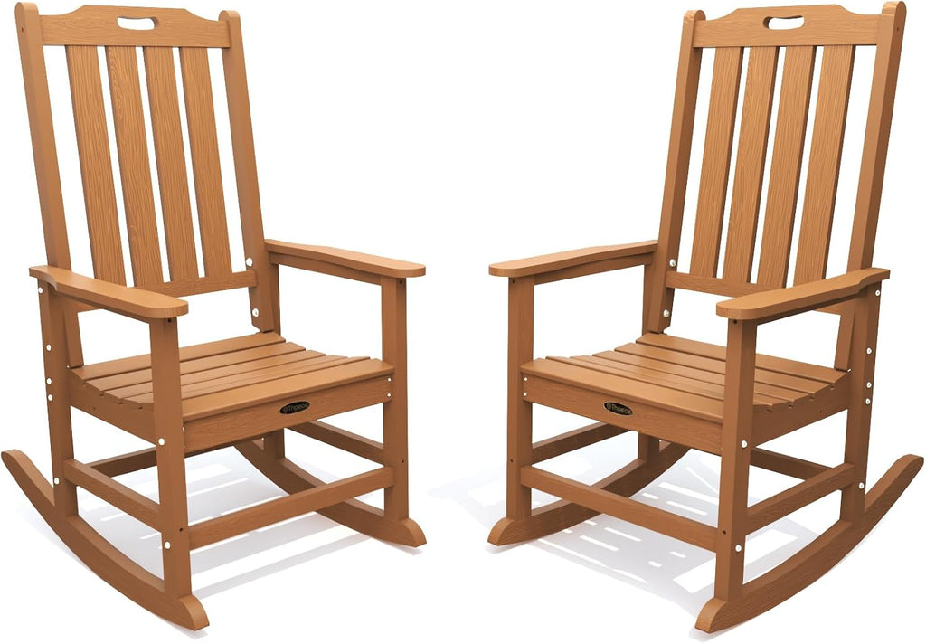 THOEOE Outdoor Rocking Chairs Set of 2, Oversized Patio Rocking Chair | HDPE Outdoor Rockers for Front Porch, Patio, Backyard, Balcony and Garden. All-Weather High Back Design, Wood