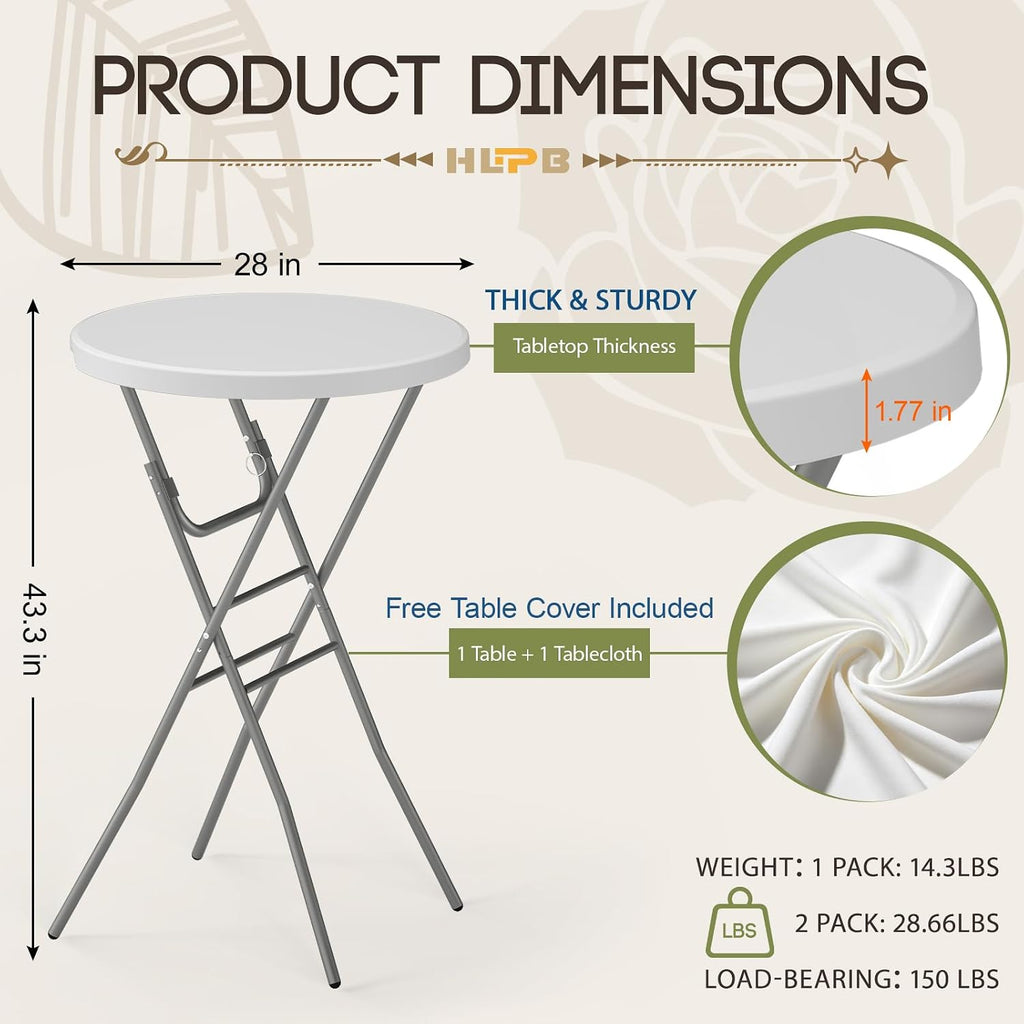 28" Round Folding Table with Cover, Foldable Cocktail Table with Handle | Bar Height Table with Removable Legs, High Top, Indoor Outdoor for Parties, Patio, Backyard, Wedding, Dining, White