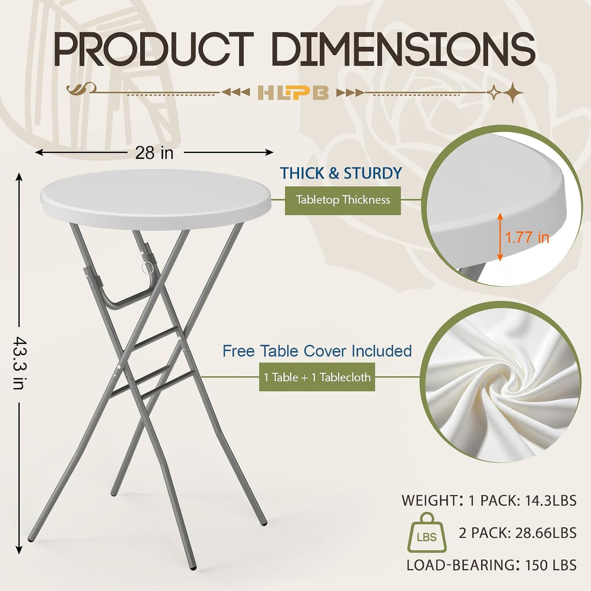 28" Round Folding Table with Cover, Foldable Cocktail Table with Handle | Bar Height Table with Removable Legs, High Top, Indoor Outdoor for Parties, Patio, Backyard, Wedding, Dining, White