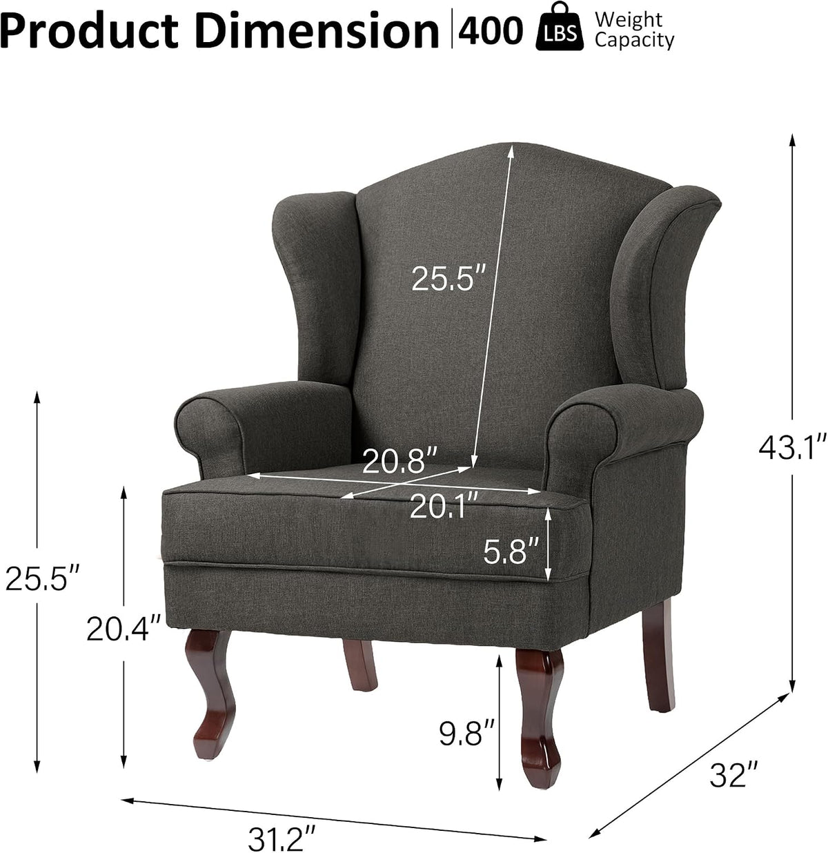 Lumibee High Back Accent Chair, Comfy Armchair with Solid Wood Legs for Living Room, Upholstered Accent Chair for Small Space, Single Sofa Reading Chairs for Office-Dark Gray