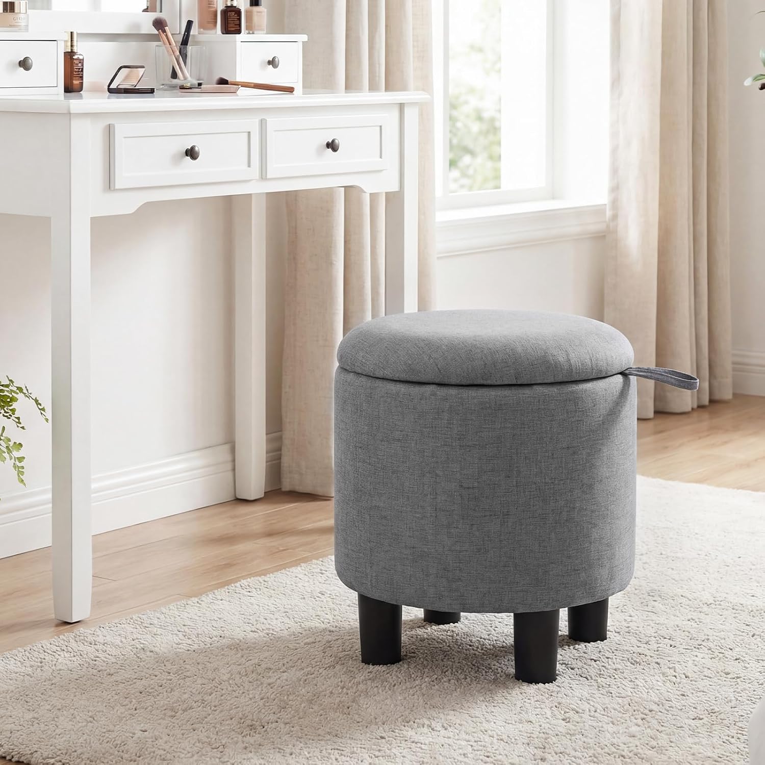 GIANTEX Round Storage Ottoman with Removable Lid & Sturdy Legs, Gray | Linen Fabric Upholstered Ottoman Foot Stool, Small Foot Rest for Living Room, Bedroom