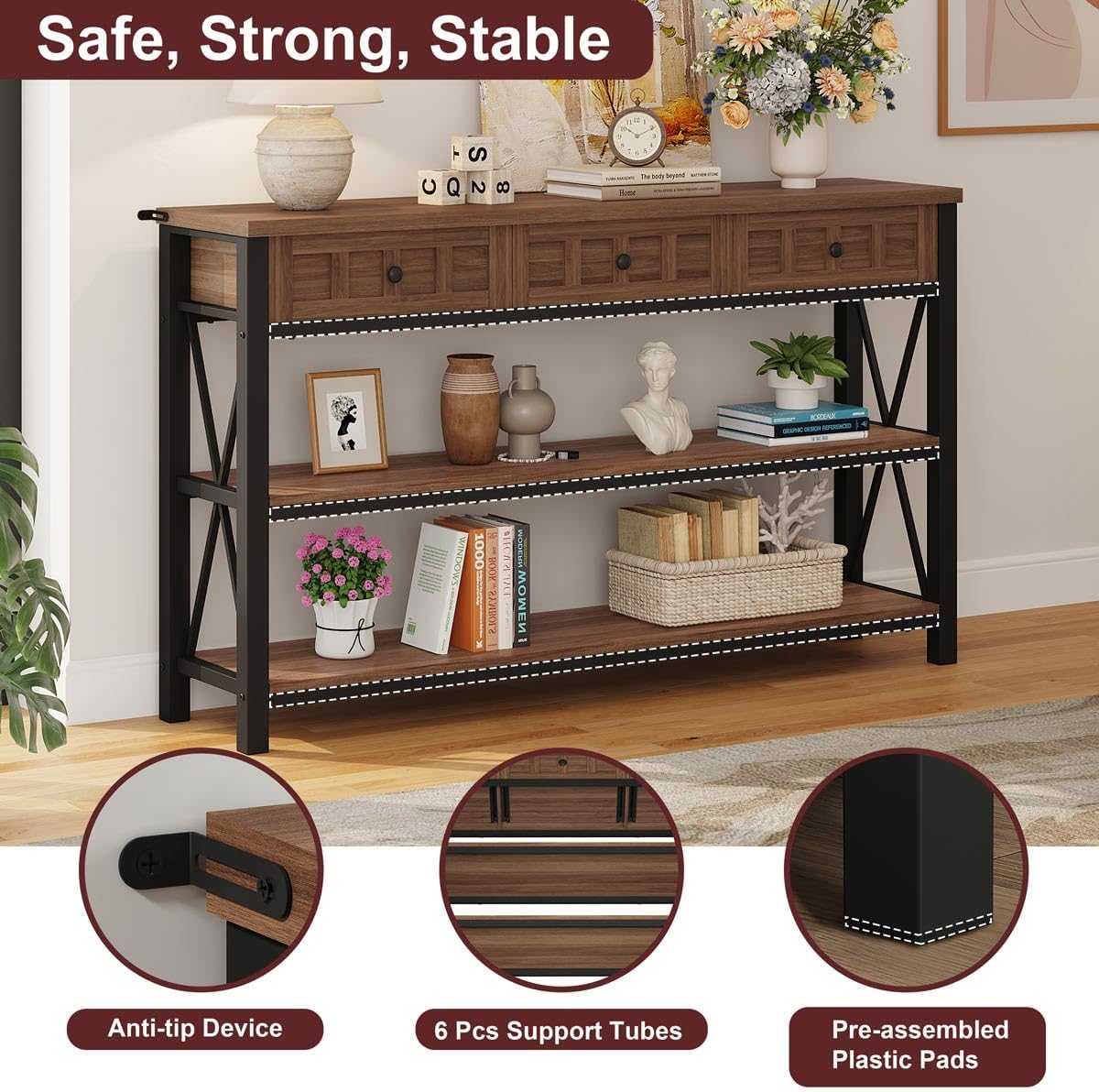 FATORRI Console Table for Entryway, Farmhouse Sofa Table with 3 Drawers for Living Room, Wood and Metal Hallway Tables with Storage and Couch Tables Behind Sofa (54.72 Inch Long, Medium Walnut)