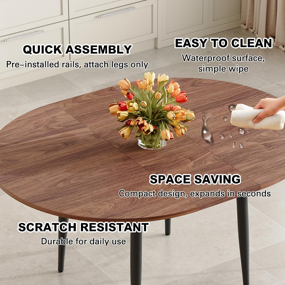 FURNITO Round Dining Table Set for 6, 42"-54" Extendable Dining Room Table with 6 Linen Fabric Chairs, Mid Century Modern Dining Set for Small Space (Walnut Table + 6 Dark Grey Chairs)