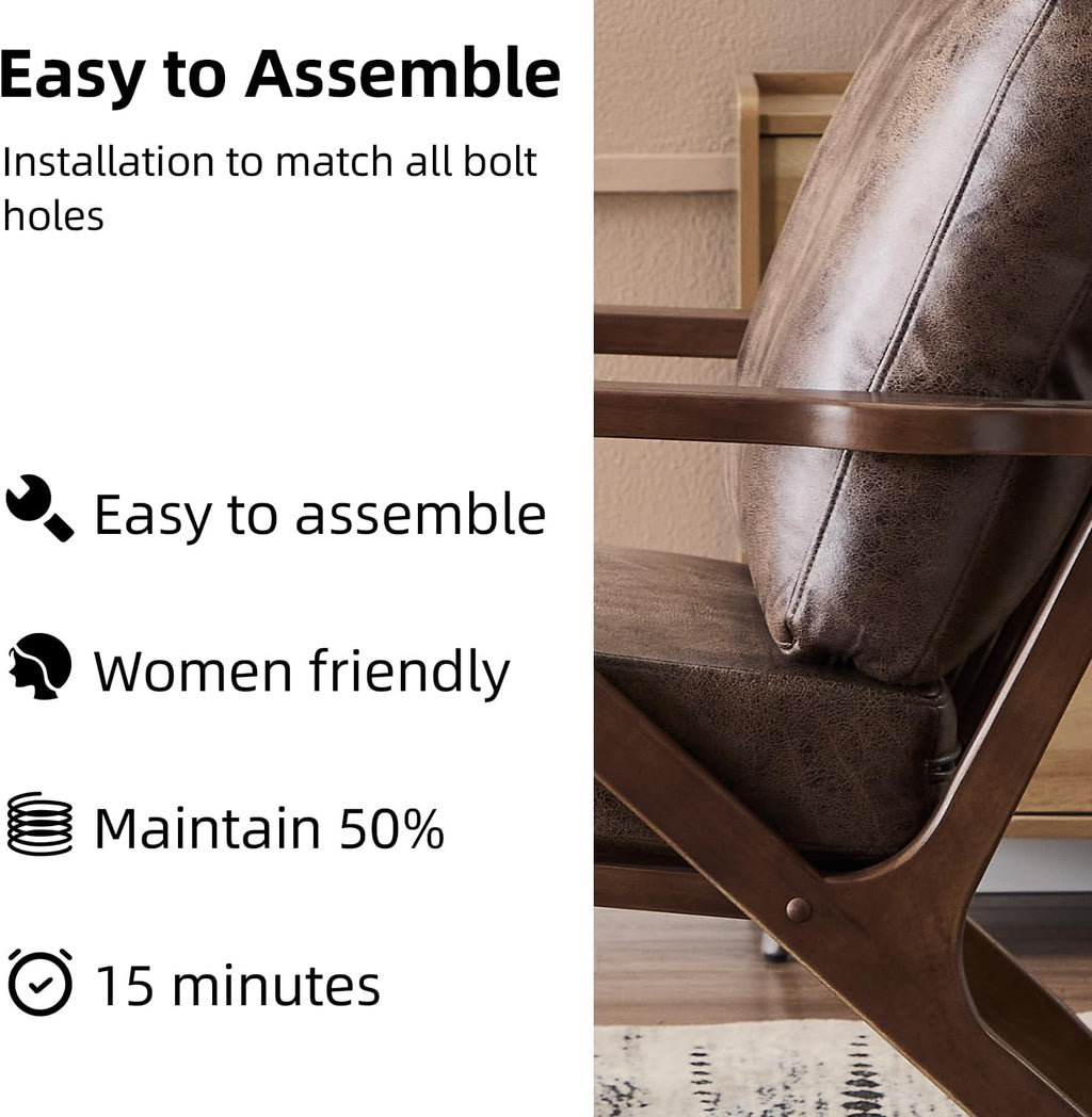 INZOY Mid-Century Modern Accent Chair with Wood Frame, PU Leather Living Room Chair and Soft Thick Padded Armchair for Living Room Bedroom Reception with Removable Upholstered Cushions, Dark Grey