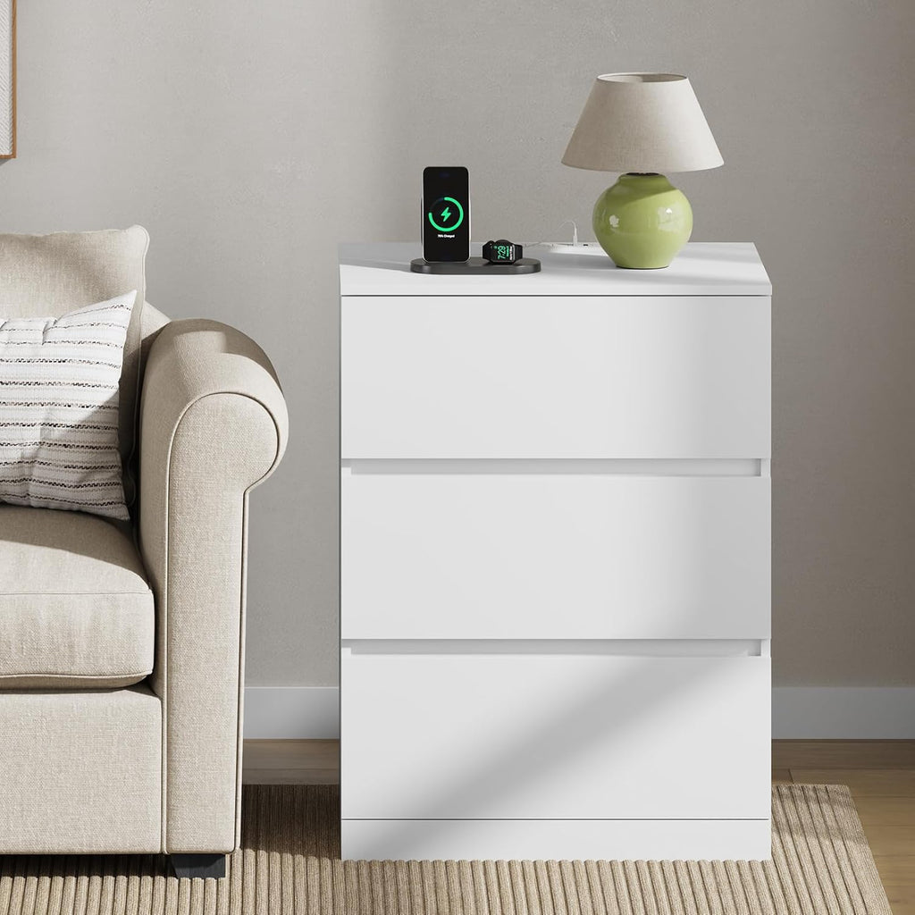 Nightstands Set of 2 with Charging Station and Hidden Drawer, 26"H, White | Bedside Table with 4 Drawers, Modern Night Stand for Bedroom, Side Table with Storage 18.9" W x 15.7" D x 26" H