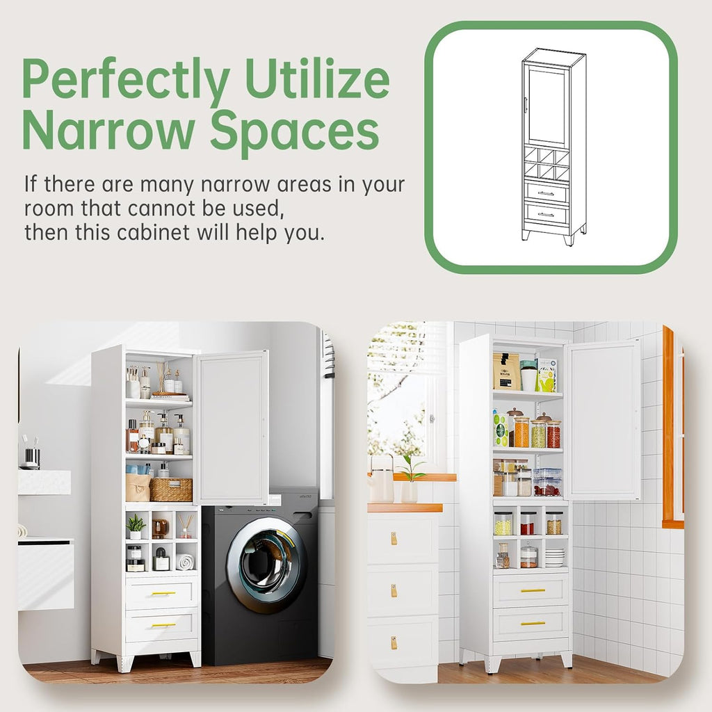 Ckzbx Tall Narrow Storage Cabinet, 66.93" H Tall Bathroom Cabinet Metal Pantry Cabinets with Hollowed-Out, 3 Adjustable Shelves, for Kitchen, Bathroom, Home Office, Living Room (White)
