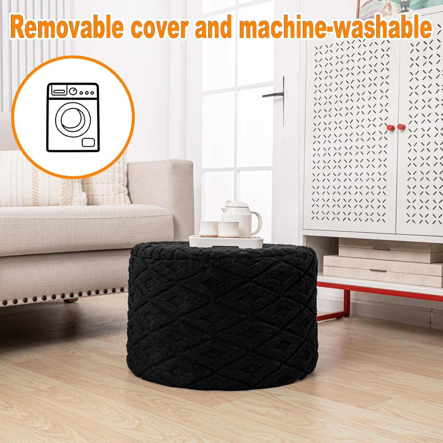 Round Ottoman Pouf,Foot Stools Ottoman,Foot Rest,Black,20x20x14In | All-in-One Foam Pouf,Ottoman Coffee Table,Couch Footrest,Footrest for Chair,Remov. Cover,Perfect for Living Room,Bedroom Dorm