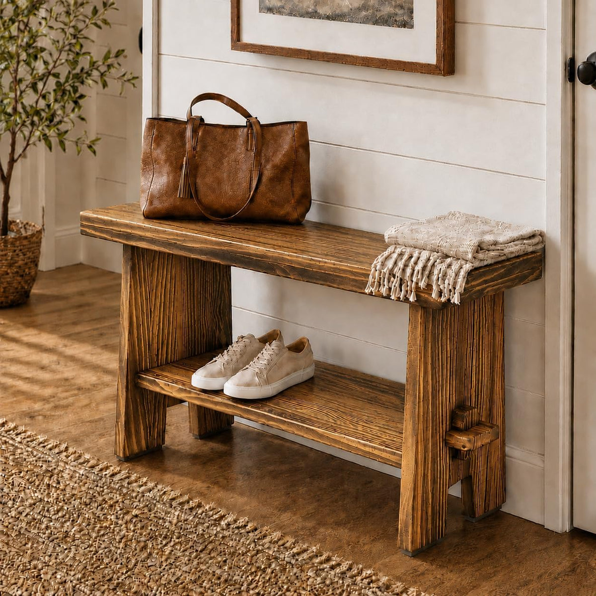 31.5" Solid Wood Entryway Bench, Farmhouse Rustic Storage Bench for Small Spaces, Narrow Indoor Bench Seat for Hallway, Living Room, Dining Room & Mudroom, Mortise-and-Tenon Base, Rustic Brown