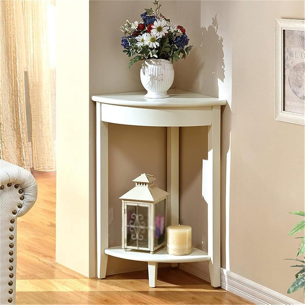 Corner Tables Compact Triangle Solid Wood Side Table Corner Shelf Unit with 2 Shelves Sofa Accent Table for Small Space Little Corner Space Saver(White)