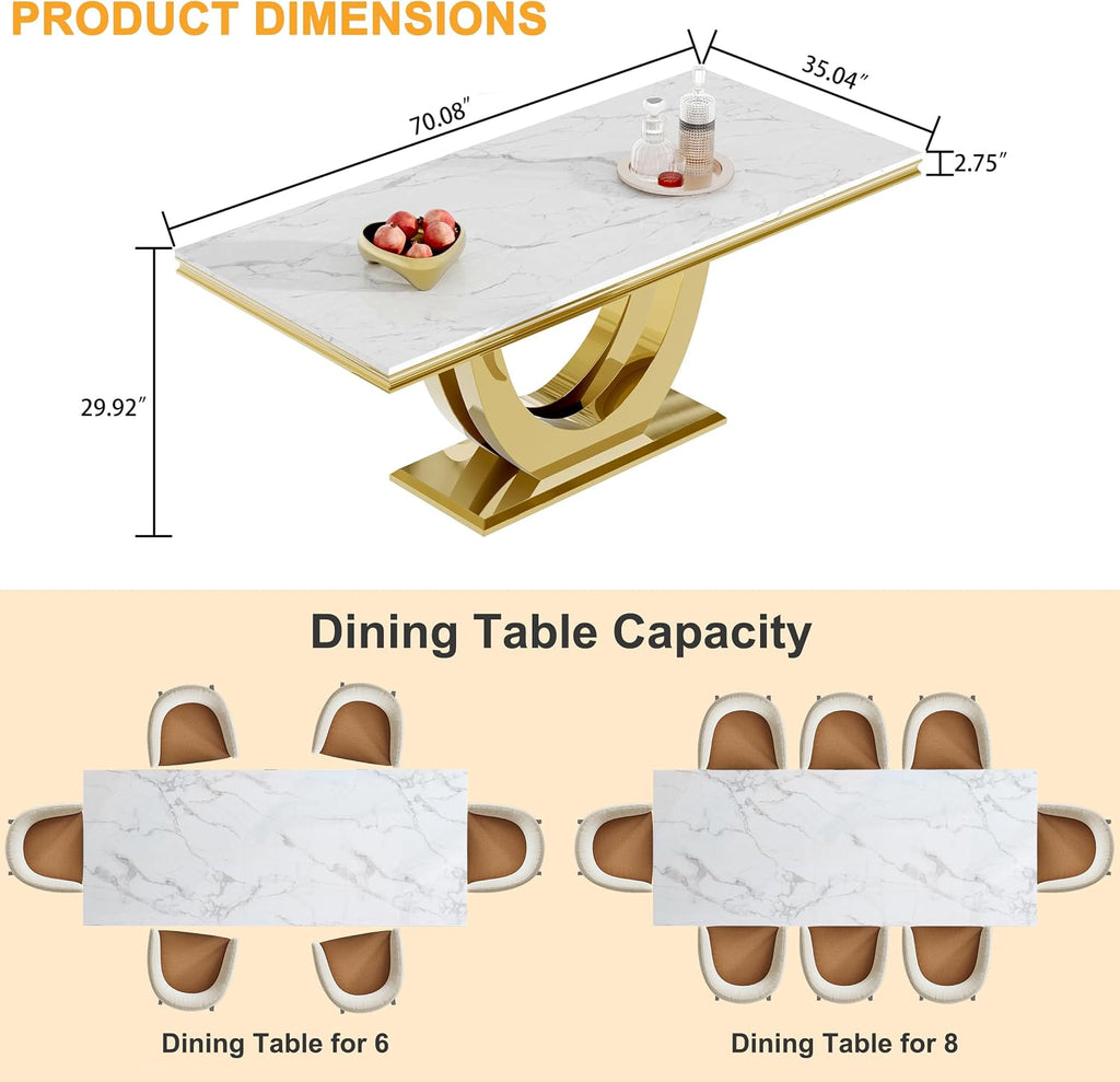 70" White Marble Dining Table, Luxury Kitchen Table for 6 8, Large Rectangular Dinner Table with U Shaped Gold Stainless Steel Pedestal, Mid Century Modern Dining Table for Kitchen Dining Room