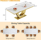 70" White Marble Dining Table, Luxury Kitchen Table for 6 8, Large Rectangular Dinner Table with U Shaped Gold Stainless Steel Pedestal, Mid Century Modern Dining Table for Kitchen Dining Room