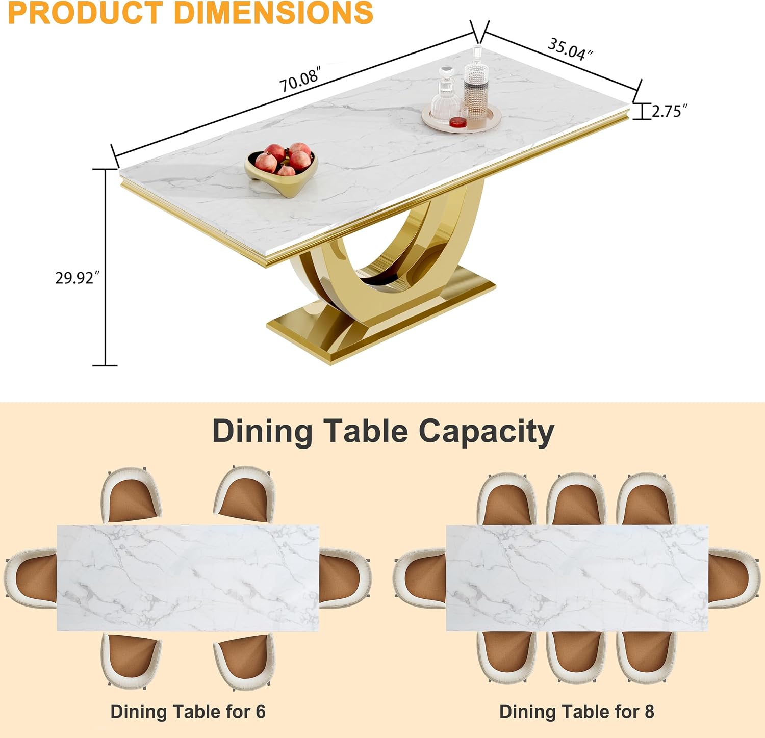 70" White Marble Dining Table, Luxury Kitchen Table for 6 8, Large Rectangular Dinner Table with U Shaped Gold Stainless Steel Pedestal, Mid Century Modern Dining Table for Kitchen Dining Room