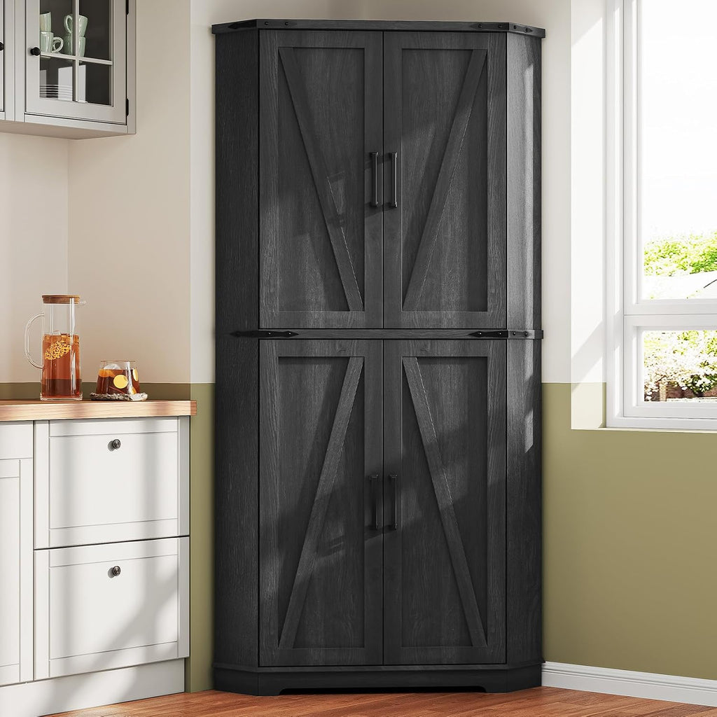 Dripex 71" Black Farmhouse Corner Pantry Cabinet with LED Light, Tall Storage Cabinet with Doors & Adjustable Shelves, Food Pantry for Kitchen, Living Room, Dining Room