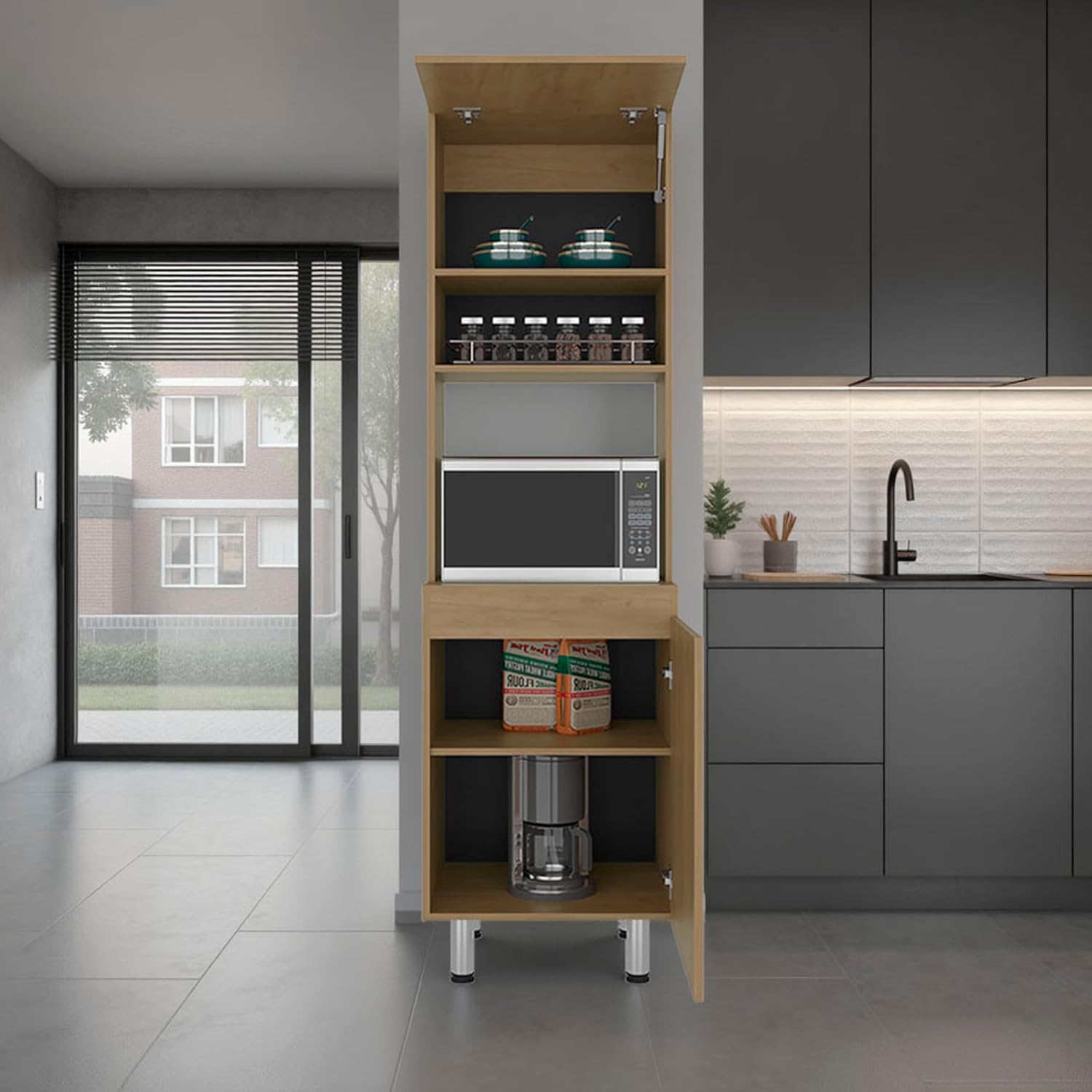 Tuhome Austin Tall Freestanding Kitchen Pantry Cabinet, 76.8" Natural Oak Pantry Storage Cabinet with 5 Shelves, 2 Doors and Open Microwave Shelf for Coffee Station