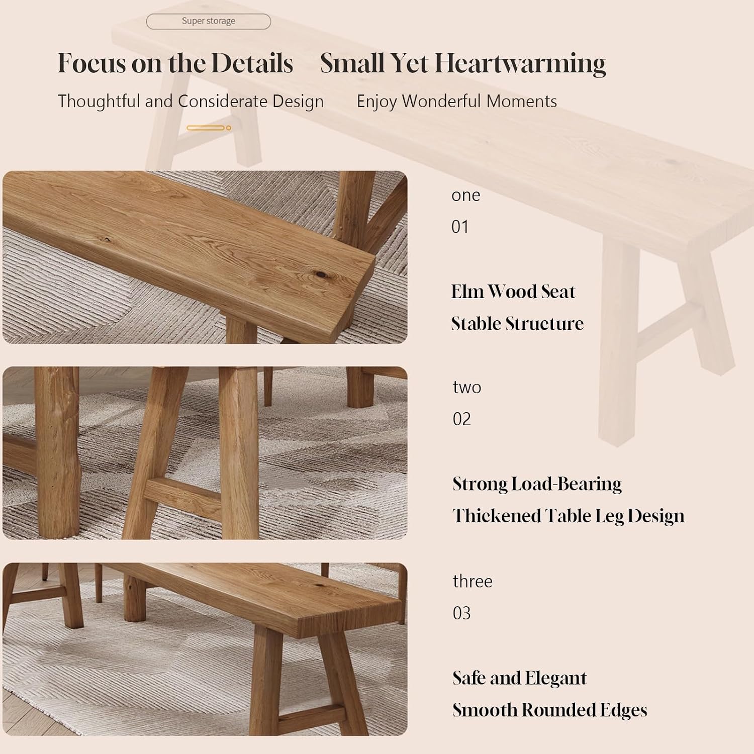 Farmhouse Wooden Bench, Long Rustic Indoor Storage Bench for Entryway, Narrow Bench Slim Vintage Bench Living Room, Dining Room, Solid Wood Construction, Original Wood(120cm/47.2inch Natural edge)