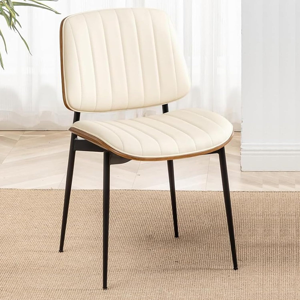 LUNLING Dining Room Chairs Mid Century Modern Retro Beige Faux Leather Chair with Walnut Bentwood Upholstered Seat Metal Legs Kitchen Chairs Adjustable Foot for Kitchen Dining Room,1PCS