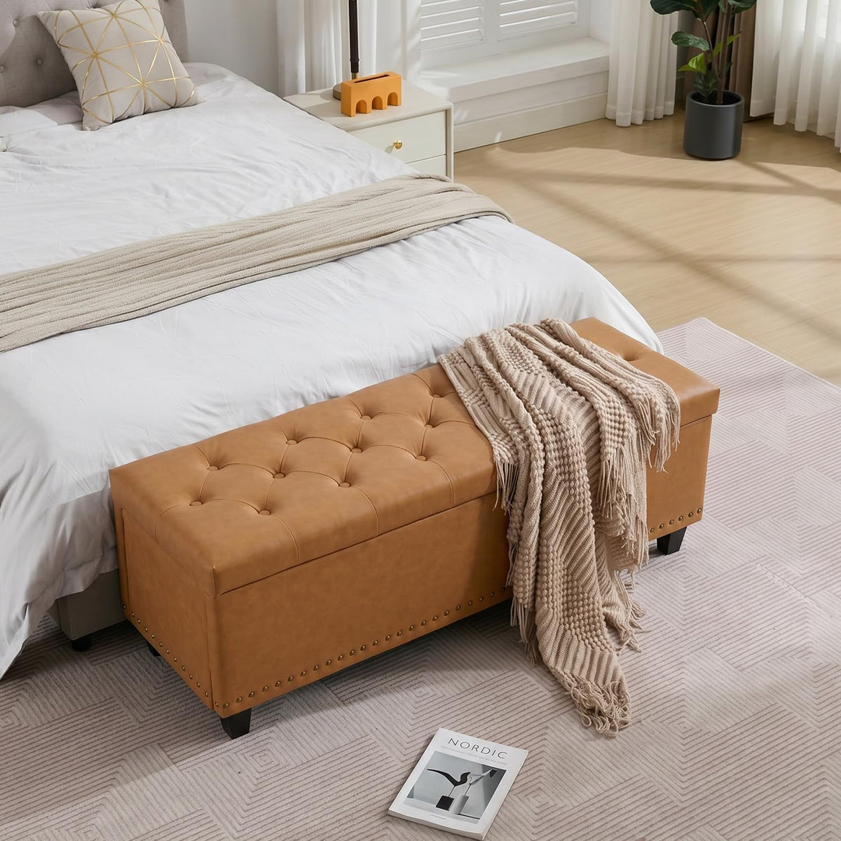 Tbfit 50.8" Ottoman with Storage, Button‑Tufted Bench with Safety Hinge and Rivets, Large End‑of‑Bed Storage Ottoman Bench for Bedroom, Living Room, Entryway, Camel PU
