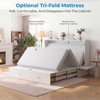 Mjkone Murphy Bed Cabinet Queen with Tri-Fold Mattress Included & USB Charging Station, Modern Versatile Solid Wood Chest Cabinet Wall Bed with Drawers, Adult Guest Beds for Apartment Bedroom - White