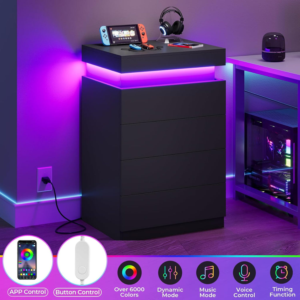 ADORNEVE Black Night Stand with Drawers and LED Lights | Bedside Table with Charging Station,Large Nightstand with Sliding Top,Modern End Side Table for Bedroom