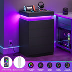 ADORNEVE Black Night Stand with Drawers and LED Lights | Bedside Table with Charging Station,Large Nightstand with Sliding Top,Modern End Side Table for Bedroom