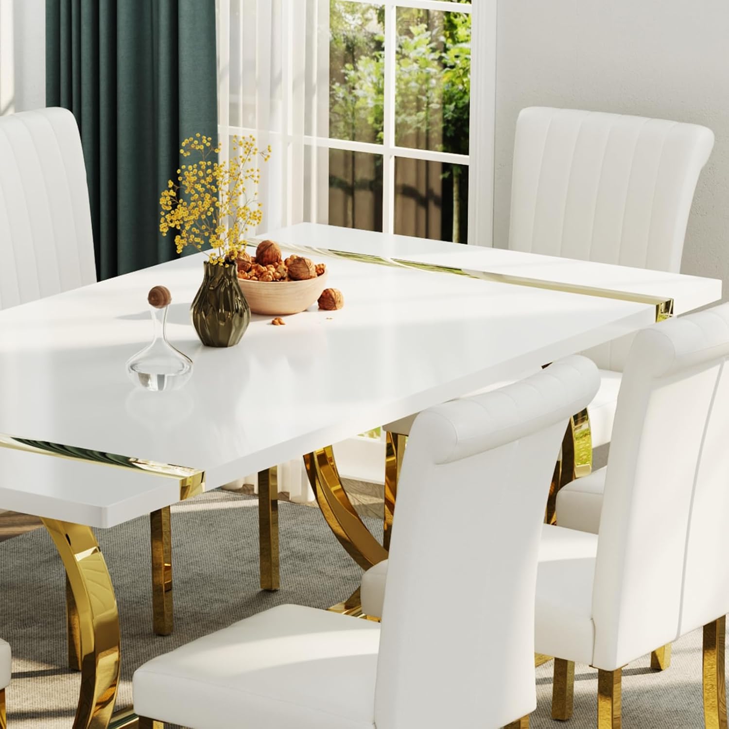 ACEDÉCOR Modern Dining Chairs Set of 2, White Leather Dining Room Chairs with Gold Stainless Steel Legs, Upholstered Chairs with High Back and Metal Legs for Kitchen/Living Room/Restaurant